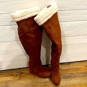 Thigh high chestnut suede like boots with faux Sherpa lining